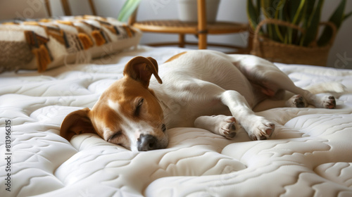 A peaceful Jack Russell Terrier sleeping soundly on a white textured mattress in a cozy room. photo