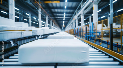 Numerous mattresses lined up on a conveyor system in a large industrial warehouse with high ceiling.