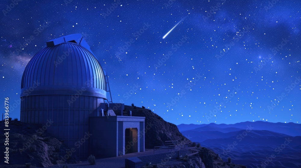 An observatory at night, telescopes pointed at a newly discovered comet An observatory at night, telescopes pointed at a newly discovered comet