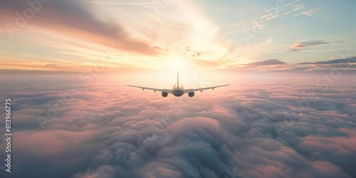 Airplane flying high above the clouds during sunset.