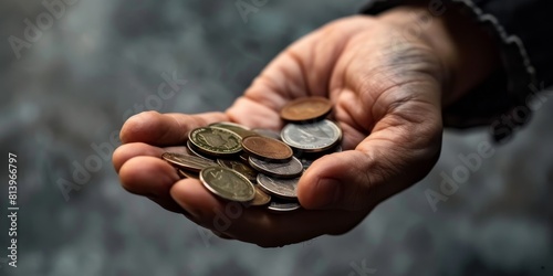 An old man's hand holding a handful of coins. photo