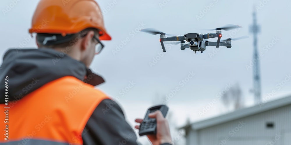 Construction worker operating a drone Construction worker operating a drone