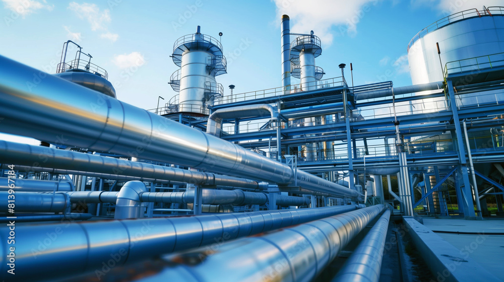 A sprawling industrial complex with large silver pipelines, storage tanks, and steel structures under a clear sky. A sprawling industrial complex with large silver pipelines, storage tanks, and steel structures under a clear sky.