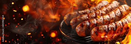 Hot and spicy grilled sausages on the flaming grill with sparks photo