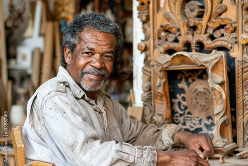 African American furniture maker in the process of assembling a piece, Description: Smiling African American man, gray hair, in woodshop. Carved wooden panel, intricate details.