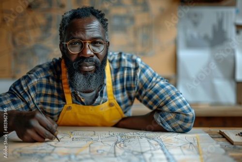 African American furniture maker sketching designs in a bright workshop, Mature man with beard in plaid shirt and yellow apron over white tee, drawing on blueprint. Content, focused look.