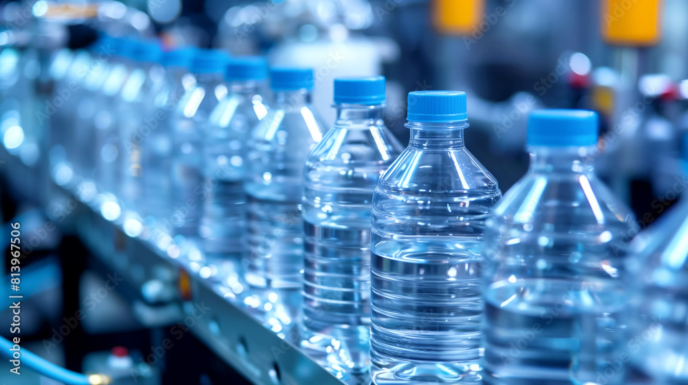 Close-up view of water bottles on a conveyor belt in a production facility, highlighting industrial packaging. Close-up view of water bottles on a conveyor belt in a production facility, highlighting industrial packaging.