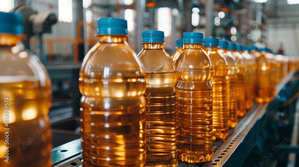 Rows of bottled vegetable oil with blue caps on a production line inside an industrial facility. Rows of bottled vegetable oil with blue caps on a production line inside an industrial facility.