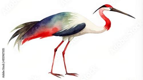 Watercolor beautiful red crowned crane bird on white background. Traditional ink painting style gohua, sumi-e, u-sin