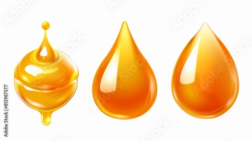 3D oil droplet. Golden honey droplet isolated modern. Olive or argan liquid essence drips. Yellow organic lotion for skin hydration clipart set.