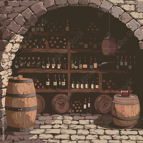 Cozy Wine Cellar with Wooden Barrels and Bottles Cartoon Style
