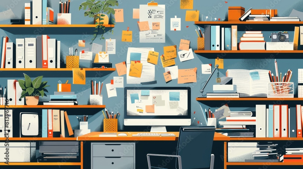 illustration a cluttered office being organized, symbolizing the process of decluttering the mind. illustration a cluttered office being organized, symbolizing the process of decluttering the mind.