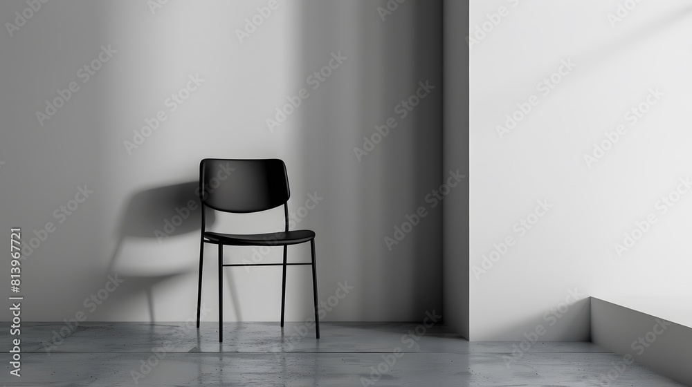 Black chair standing in empty room with white walls and concrete floor Black chair standing in empty room with white walls and concrete floor