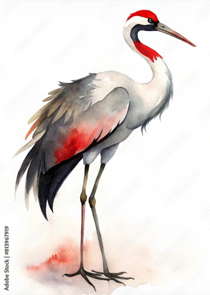 Obraz premium Watercolor beautiful red crowned crane bird on white background. Traditional ink painting style gohua, sumi-e, u-sin
