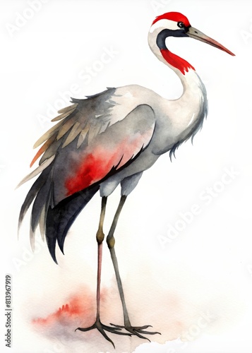 Watercolor beautiful red crowned crane bird on white background. Traditional ink painting style gohua, sumi-e, u-sin