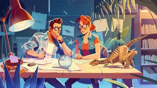 An illustration showing dinosaur fossils in a scientist's lab room. A paleontologist man and a professor woman research and examine scientific evidence on a desk with a lamp and magnifier.