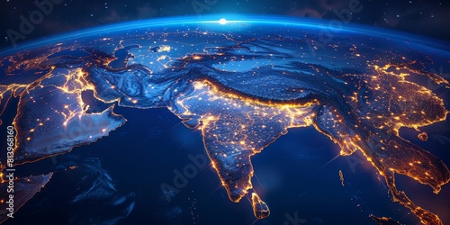 A digital map of the Middle East with glowing connections between cities representing global connectivity and technology, symbolizing network underdarkting in tech startup advertis