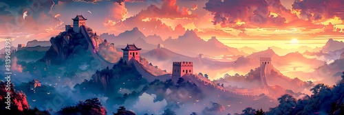 Illustrate the cultural and symbolic meanings of the Great Wall of China in Chinese literature art and national identity as a symbol of resilience unity and enduring legacy. photo