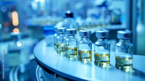 Close-up view of multiple vials containing yellowish liquid in a modern laboratory setting.