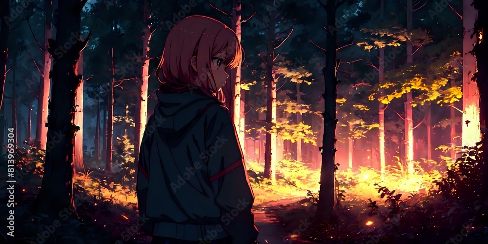 Sad anime girl on a forest background, travel, illustration
