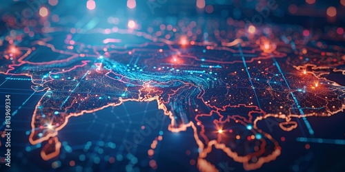 A digital map of the world with glowing connections between cities, representing global connectivity and data transfer across borders in an internet network concept