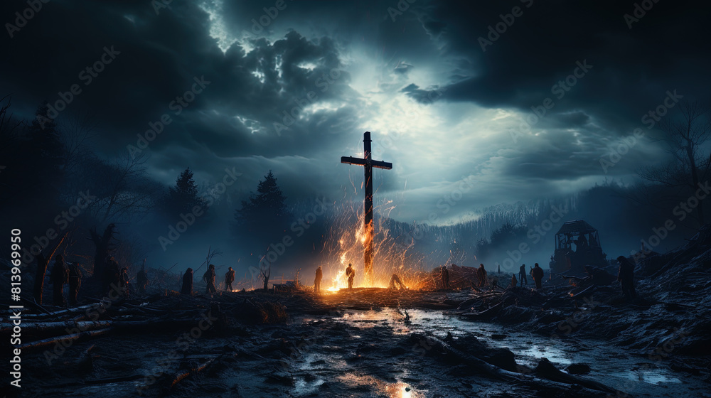 Cross With Fire In The Thunder In Dark Nights Cloudy Sky Cloudscape Background Cross With Fire In The Thunder In Dark Nights Cloudy Sky Cloudscape Background