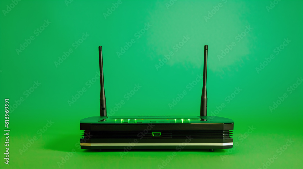 Fototapeta premium a green internet router or modem on green background to connect with wifi home network and surround with green background