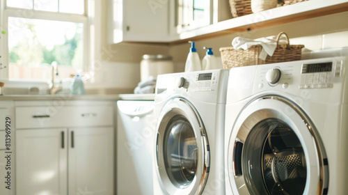 Modern laundry room with bright sunlight, featuring white appliances and natural decor elements.