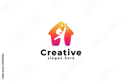 logo of a child reaching for a star with a happy face, dream vector logo design with house shape in modern color gradient design style