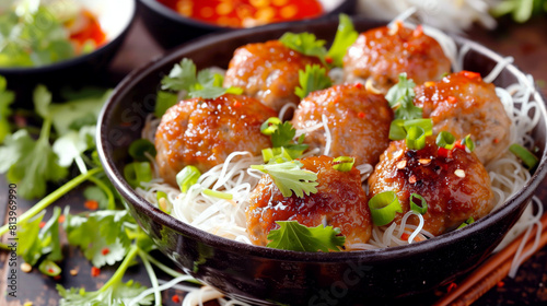 A delicious bowl of glazed meatballs served over rice noodles, garnished with green onions and herbs.