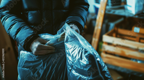Close-up of a person in a blue jacket handling a large, shiny plastic bag in a cluttered, dimly lit warehouse.