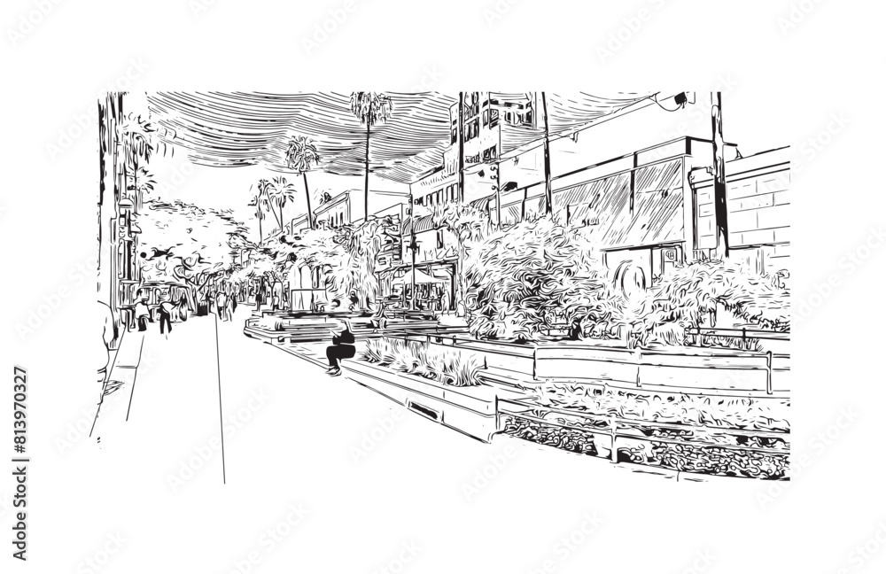 Print Building view with landmark of Santa Monica is the city in Los Angeles County. Hand drawn sketch illustration in vector.