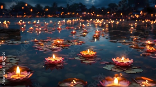 diyas lights in the lake at beautiful night