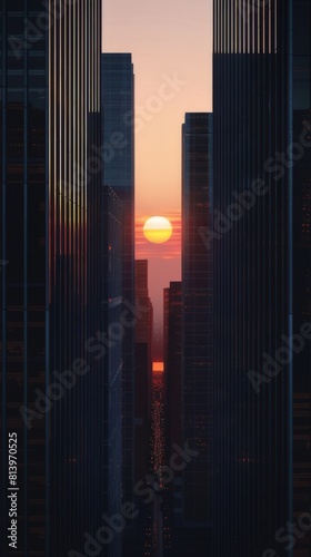 Sunset between skyscrapers in a modern city