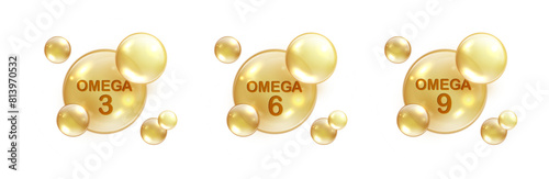 Omega acids golden drops vector. Pill capsule isolated on background.