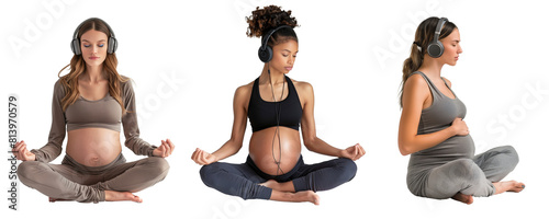 Pregnant woman wearing headphones and workout attire, practicing yoga poses while sitting. PNG file.