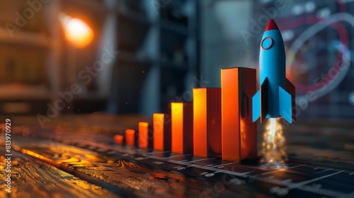 3D illustration of rocket launch over financial graph