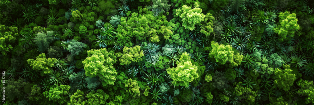 Aerial view of a lush green forest canopy with various shades and textures of green foliage. Aerial view of a lush green forest canopy with various shades and textures of green foliage.