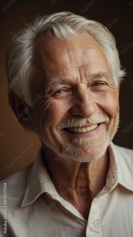 The gray-haired elderly man smiles happily The gray-haired elderly man smiles happily