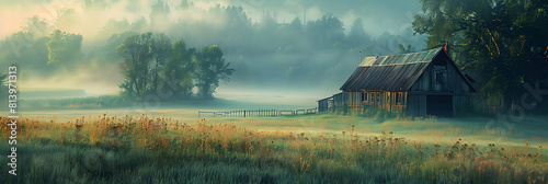 A serene morning on the farm: A rustic countryside enveloped in mist captures the tranquility of a new day awakening