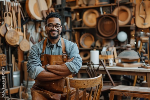 Workshop filled with bespoke furniture, Artisan with a friendly smile, arms folded in leather apron, surrounded by myriad wooden pieces, embodying the spirit of traditional woodcraft. photo