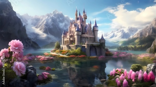 Stunning fantasy castle with mountain, lake and flowers garden © Zandhira