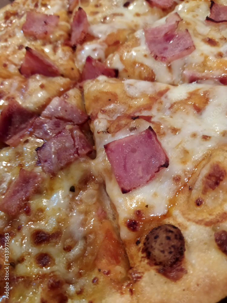 Close up view of delicious pizza with toppings Close up view of delicious pizza with toppings