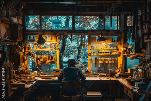 Workshop overview, African American woodworker amidst his creations, Solitary figure engrossed in craftsmanship at bench, backlit by window view into lush greenery, exuding calm focus.