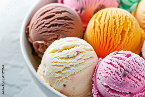 A bowl of colorful ice cream scoops against a white background 