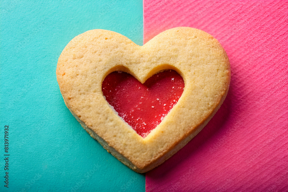 Heartfelt Bite: Heart-shaped Cookie with Bite Taken Out Against Playful Background Heartfelt Bite: Heart-shaped Cookie with Bite Taken Out Against Playful Background