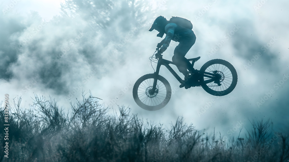 Mountain biker leaping through misty air with dramatic forest backdrop Mountain biker leaping through misty air with dramatic forest backdrop