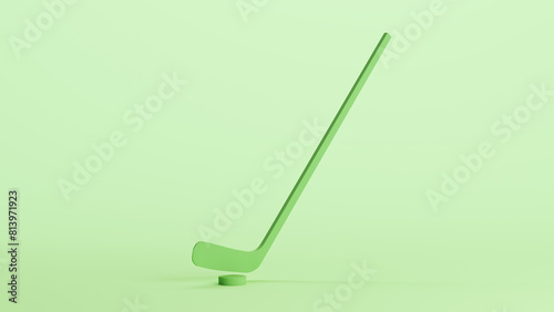 Green hockey stick puck sports equipment soft tones mint background 3d illustration render digital rendering