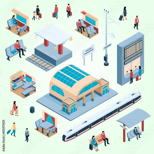 Railway isometric icons set