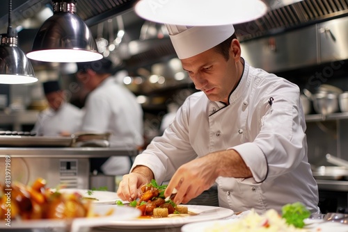 Professional chef meticulously garnishing a dish in a busy commercial kitchen  with focus and precision under bright lights